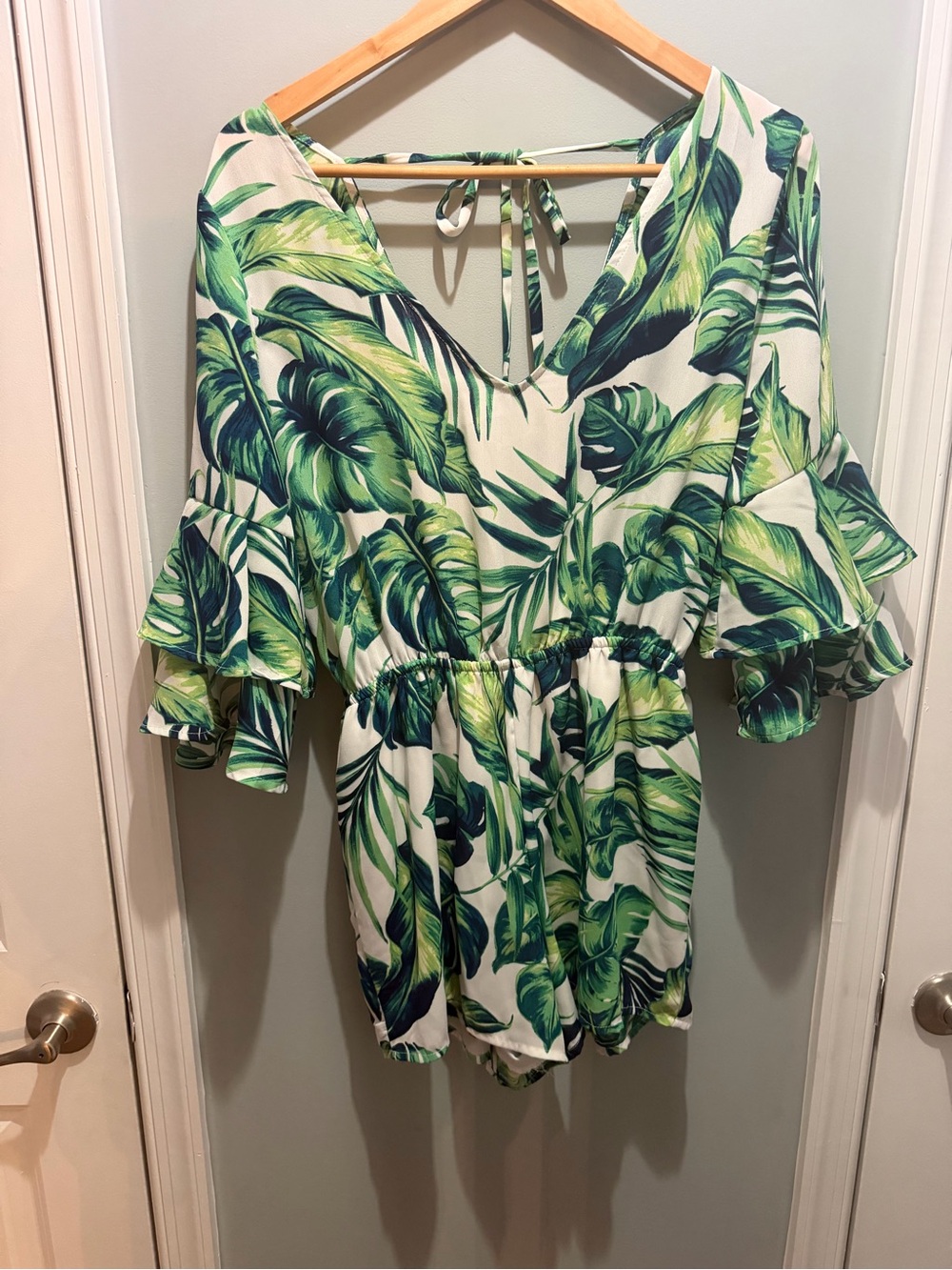 Haute Monde Green Tropical Leaf Romper with Ruffle Sleeves